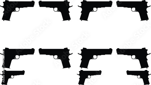 Collection of Handgun Silhouettes and Pistol Vector Icons Set for Defense Security Concept Isolated on White Background for Shooting Range and Tactical Design
