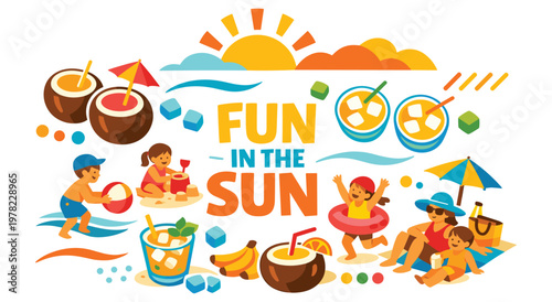 Vibrant illustration of people enjoying summer activities at beach including children playing in sand with buckets swimming with tubes and family relaxing on mat with snacks and drinks.