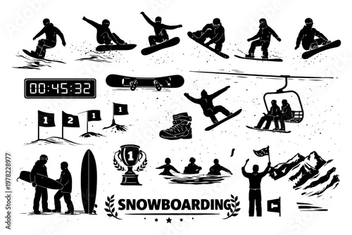 Silhouette collection of snowboarding scenes and elements.