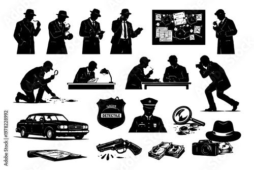 Silhouette illustrations of detective activities and tools.