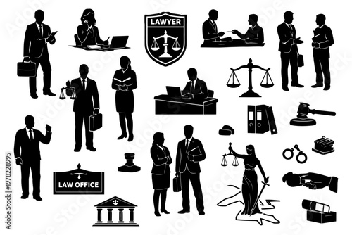 Silhouette figures of lawyers and legal icons in professional settings.