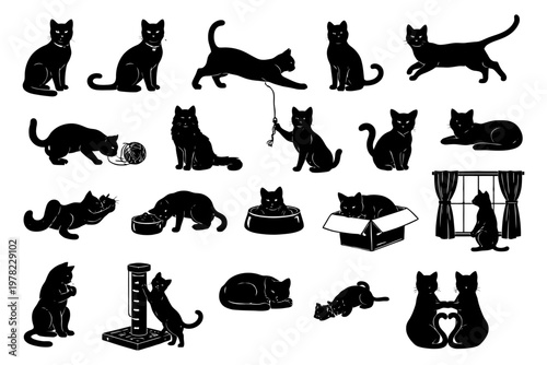 Black cats in various poses and activities silhouette collection.