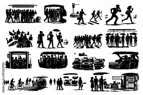 Silhouetted urban scenes with diverse crowds and transportation.