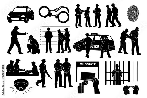 Silhouette scenes of police activities and arrest procedures in law enforcement.