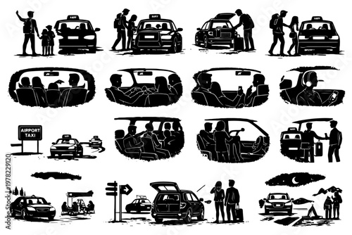 Silhouette scenes of diverse taxi interactions and journeys.
