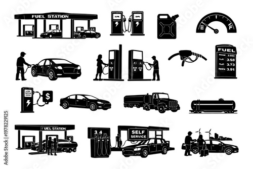 Set of black silhouette fuel station icons with cars, pumps, and fuel gauges.