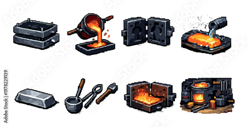 Foundry molds and pouring tools displayed on neutral backdrop