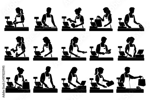 Diverse cashiers in action: silhouettes of male and female workers processing transactions.