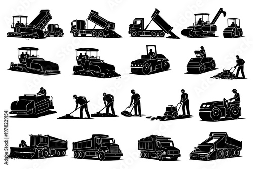 Construction vehicles and workers silhouettes.