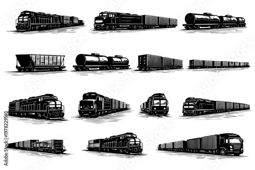 Set of various black and white train designs featuring locomotives and freight cars.