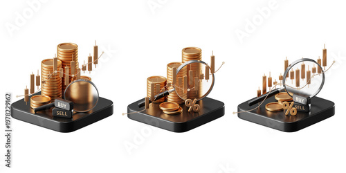 Transparent Digital 3D Stock Market Analysis in PNG with Growth Charts and Financial Investment Data. 3D Stock Market Trading Concept.