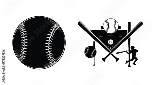 Baseball imagery featuring balls bats and a batter silhouette