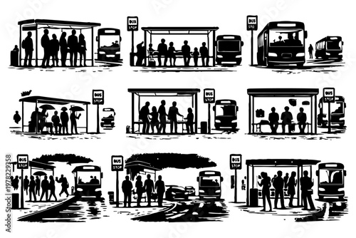 Silhouettes of people at bus stops with buses arriving and departing.