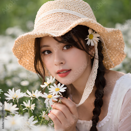 Woman in a straw hat with flowers.