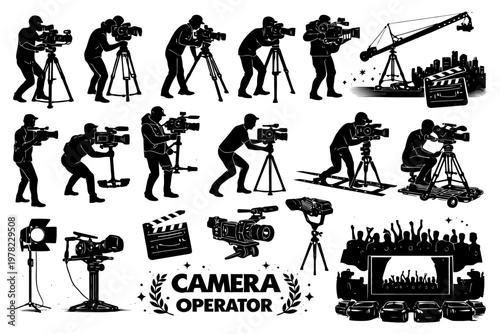 Silhouette of camera operators and filmmaking equipment in various scenes.
