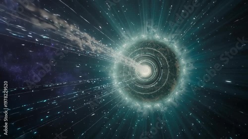 An abstract representation of a vibrant cosmic vortex with particles radiating outward, set against a starry background