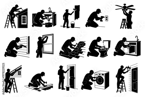 Silhouettes of workers performing various home repair and maintenance tasks.