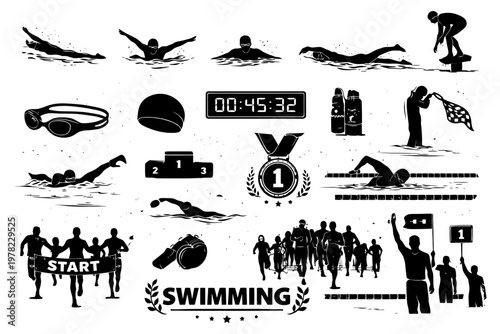 Competitive swimming scenes and equipment in silhouette style.