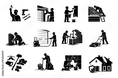 Silhouette of workers performing various home maintenance and improvement tasks.