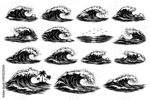 Dynamic black and white ocean wave illustrations with palm trees and birds.