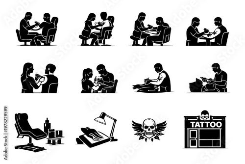 Silhouettes of tattoo artists and clients in a studio setting.