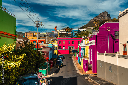 Vibrant pastel homes in Bo-Kaap neighborhood, Cape Town South Africa