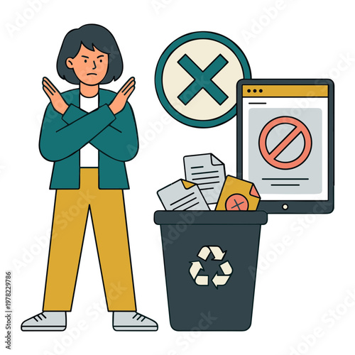 Woman Refusing to Throw Away Documents Near Recycling Bin with Prohibited Sign
