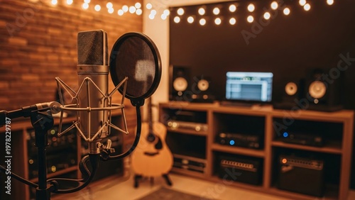 Professional recording studio setup with microphone acoustic guitar and audio equipment in warm ambient lighting for music production and sound recording