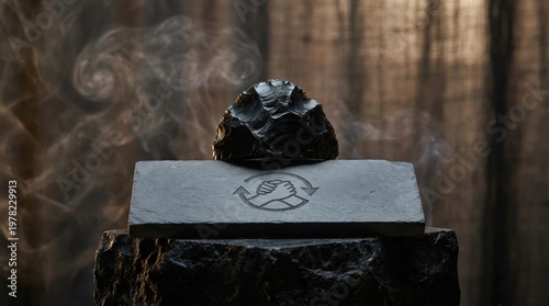 Slate platform etched with a circular handshake beneath obsidian and drifting smoke reflects dialogue after crisis, collective recovery, and trust-based cooperation for a livable future