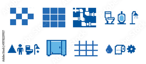 Blue ui tiles and bathroom icons arranged on a dark blue background