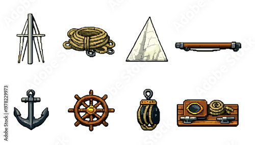 Nautical equipment icons arranged in grid on yellow background