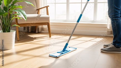 Person mopping hardwood floor in bright living room with sunlight streaming through large windows and modern decor for cleaning and household maintenance