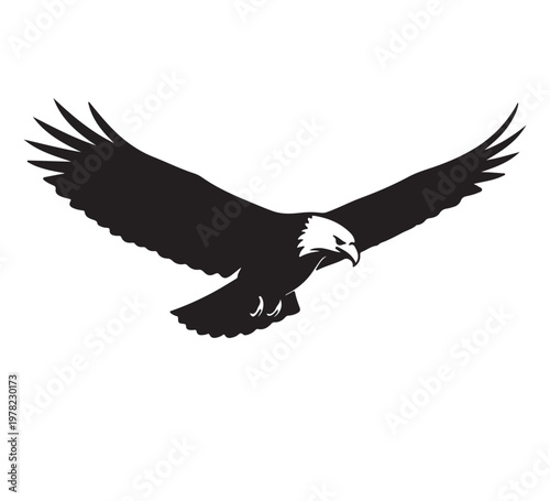 A captivating vector illustration of a majestic eagle in powerful flight, wings outstretched against a stark background, embodying a potent symbol of freedom and strength