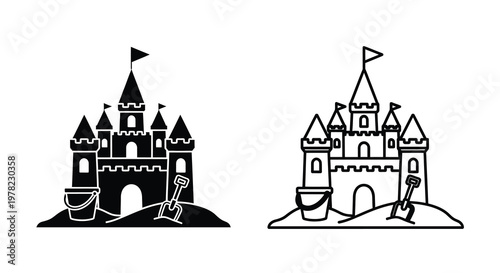 Two detailed castle icons with sand buckets and shovels black silhouette