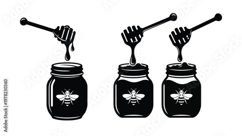 Three honey jars with dippers and bees a striking silhouette