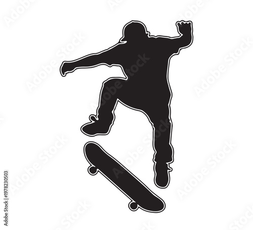 Dynamic silhouette illustration of a skateboarder executing an impressive ollie trick, capturing the essence of street culture and action sports agility and style