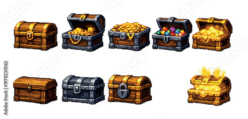 Various treasure chests open and closed with gold and gems