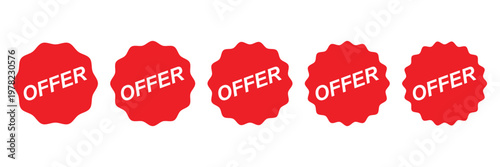 Offer seal badges with red scalloped edges and white text for commercial promotion, marketing stickers for store clearance and seasonal product sales vector illustration.