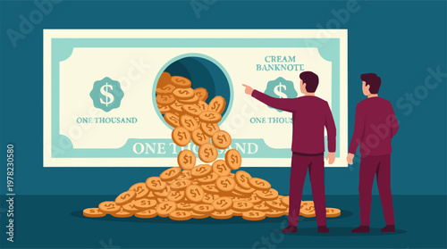 Money outflow from large banknote, gold coins pouring out, observed by men