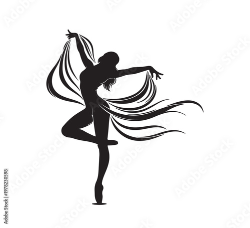Elegant silhouette of a graceful ballet dancer in a dynamic pose, capturing the artistry and fluidity of movement with flowing elements, ideal for creative artistic design concepts