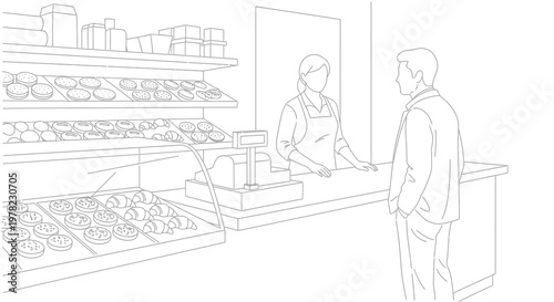 Line drawing of a bakery with a customer and server interaction