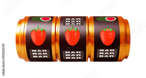 3D slot machine with fruit strawberry. Online casino. Big win concept banner casino. Gambling concept design. 3d vector illustration on isolated background.	
