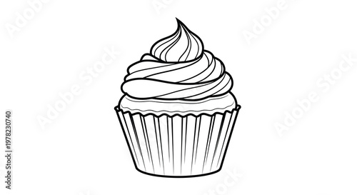 A black and white line drawing of a frosted cupcake in a wrapper