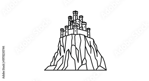 Line drawing depicts a castle atop a rocky mountainous hill