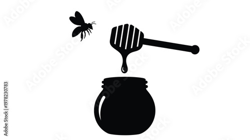 Black silhouettes of honey jar dipper and bee in simple design silhouette