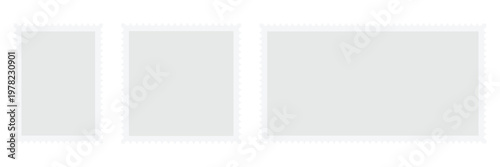 Blank postage stamps template set with perforated edges in different sizes for mail correspondence, philately collection, and vintage envelope decoration.