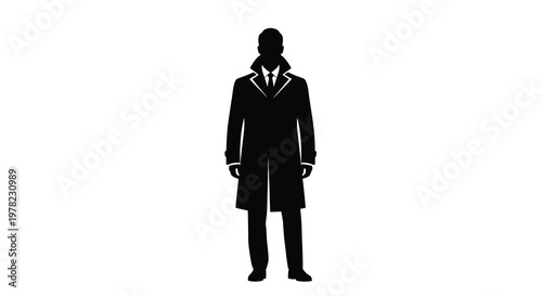 Silhouette of a man in a suit and overcoat facing forward