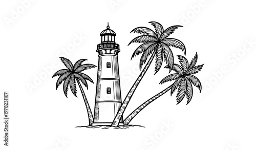 Hand drawn lighthouse and palm trees sketch vector in black and white tropical coastal illustration style