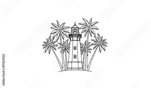 Lighthouse with palm trees outline vector minimalist black and white coastal line illustration for travel and seaside design