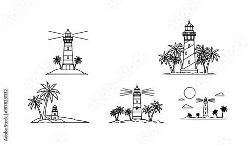 Lighthouse and palm tree outline vector set with tropical coastal scenes in minimalist black and white line design